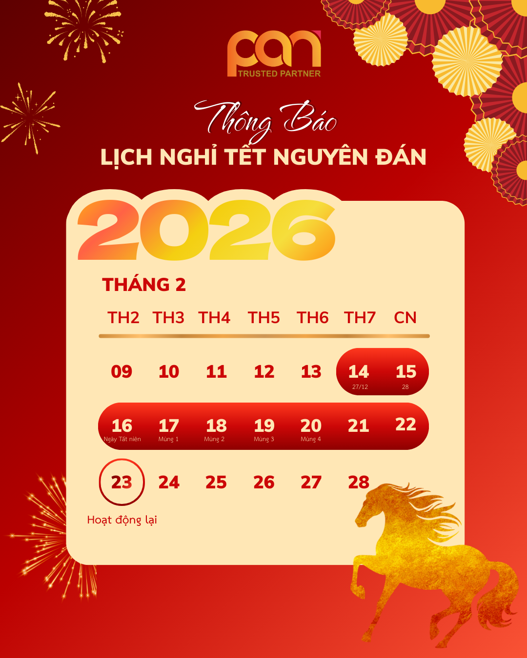 THÔNG BÁO LỊCH NGHỈ TẾT NGUYÊN ĐÁN 2026