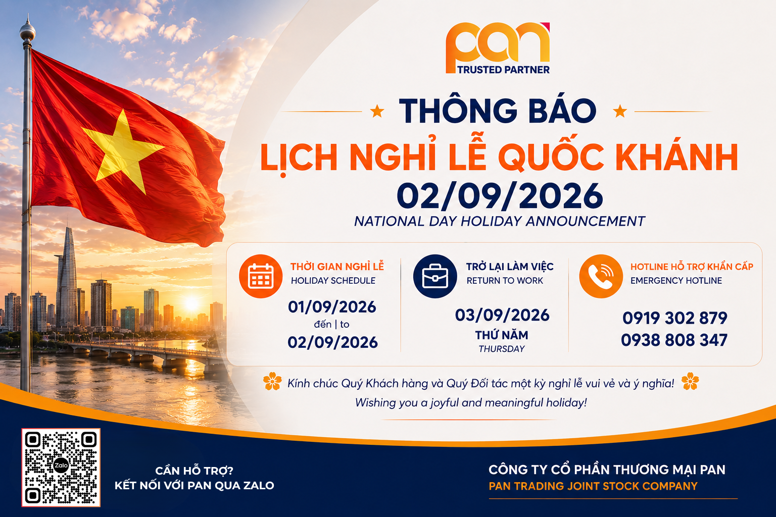 Thông báo lịch nghỉ lễ Quốc khánh 02/09/2026